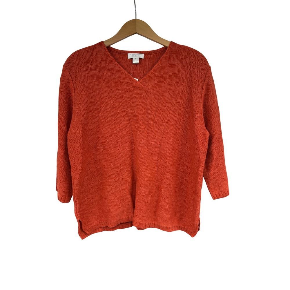 Christopher & Banks Womens XL V-Neck Sweater Rust Orange Pointelle 3/4 Sleeve